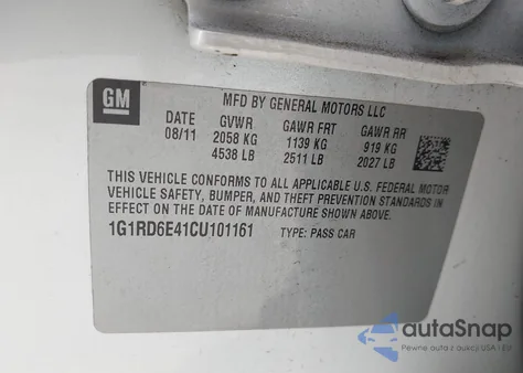 2012 Chevrolet Volt из США, поврежденный, VIN 1G1RD6E41CU101161